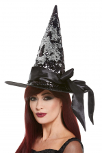 Hexenhut mit Wende Pailletten in Silber-Schwarz