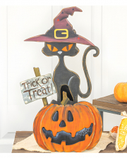 Scary Witch Cat On Pumpkin Decorative Sign Wood 40cm 