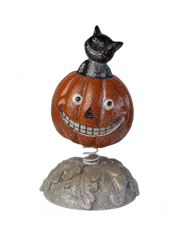 Vintage Halloween Bobble Head Pumpkin With Cat 15cm | Horror