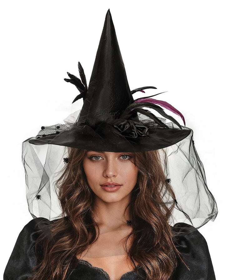 Foxxeo Hexenhut Schwarz – Mit Tüll, Federn & Spinnen, Universalgröße, Für Halloween & Kostümpartys