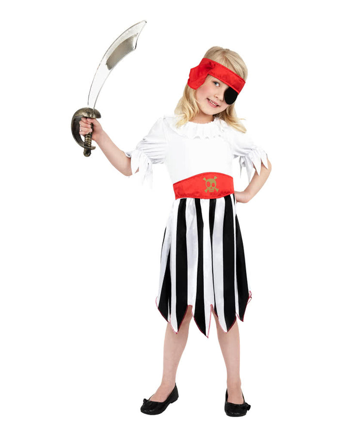 Piratin Kinderkostüm – Top, Rock, Gürtel & Stirnband, Grau-Rot-Schwarz, Karneval