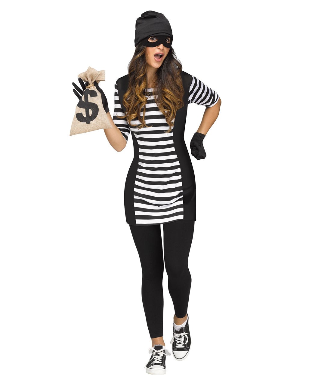 Adult Burglar Bank Robber Halloween Costume Kit Striped Shirt Eyemask Loot Bag 