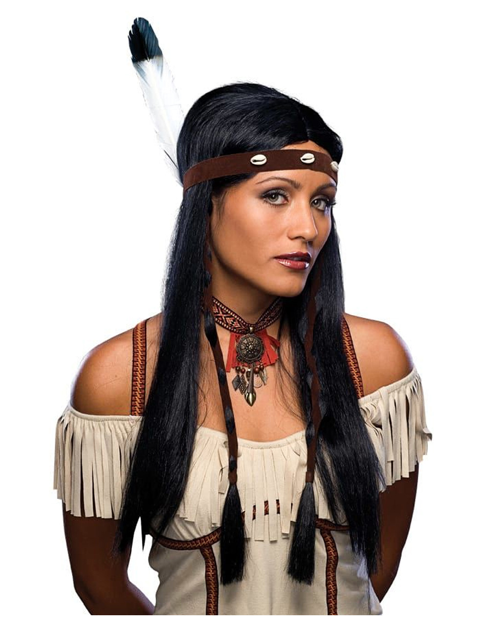 Indianer Perücke schwarz Damen Indianerin Squaw Karneval mit Feder 