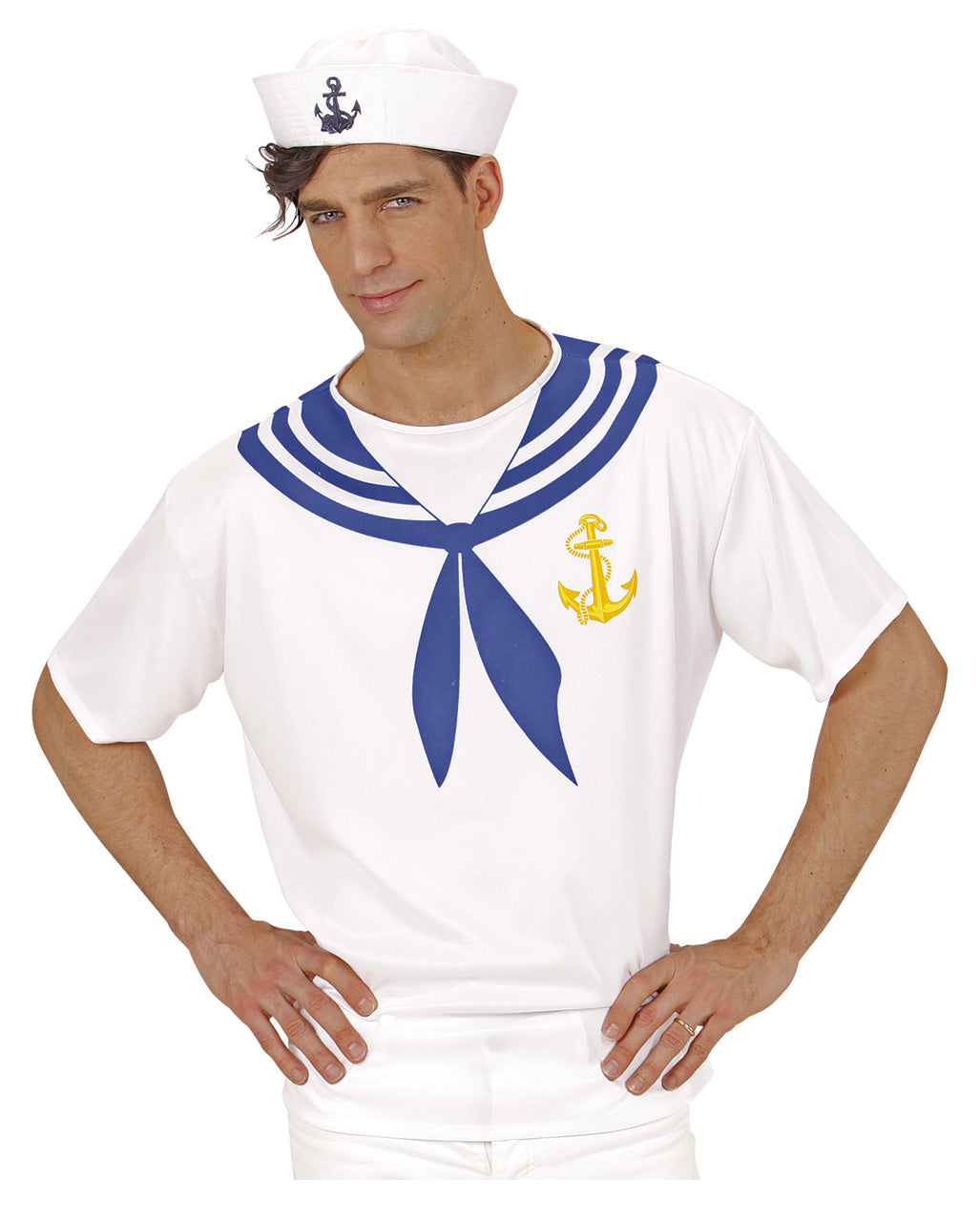 thumbnail interactive-video image 1 of Men's Sailor Fancy Dress Costume Set - White T-Shirt & Dough Boy Hat (WF Brand) 1 of 2