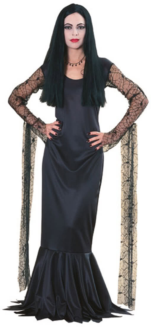 Hexe Mortisia KLEID MIT PERÜCKE Damen Kostüm Gothic Zauberin Addams Halloween 