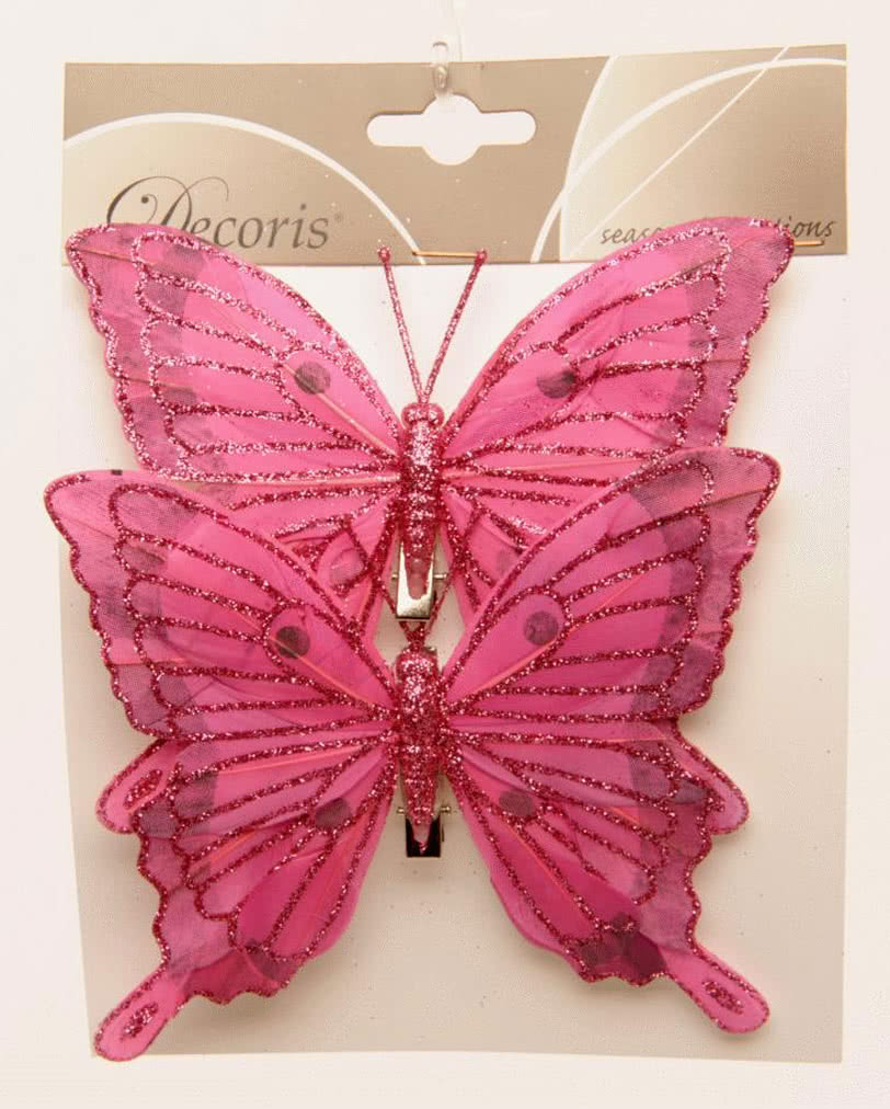 8cm x12 Decorative Glitter Jewelled Clip-on Butterfly  Wedding Pink 