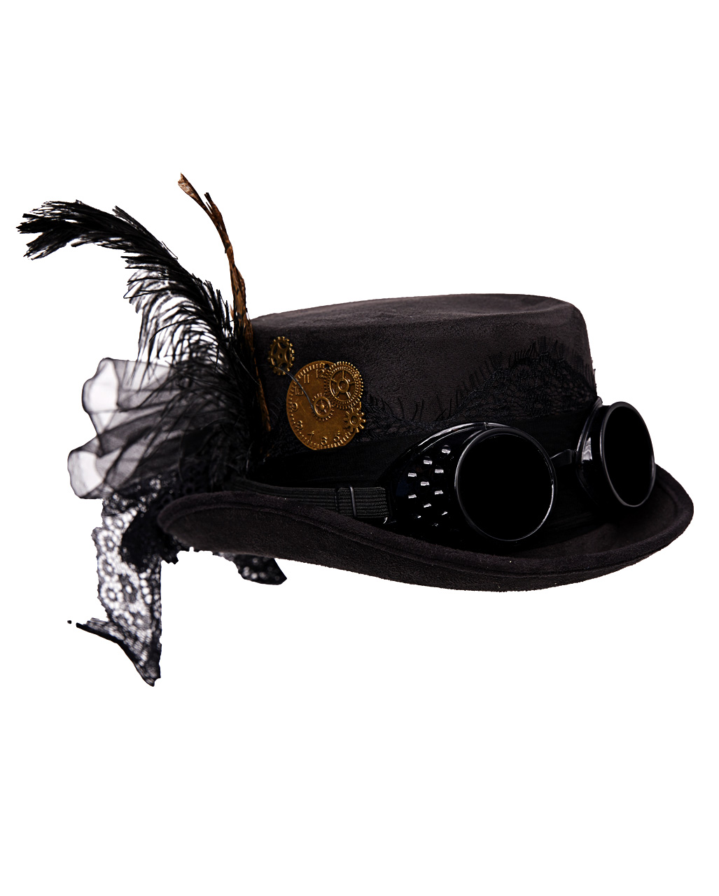 Deluxe Velvet 4.25 Inch Steampunk Top Hat with Removable Goggles Black 