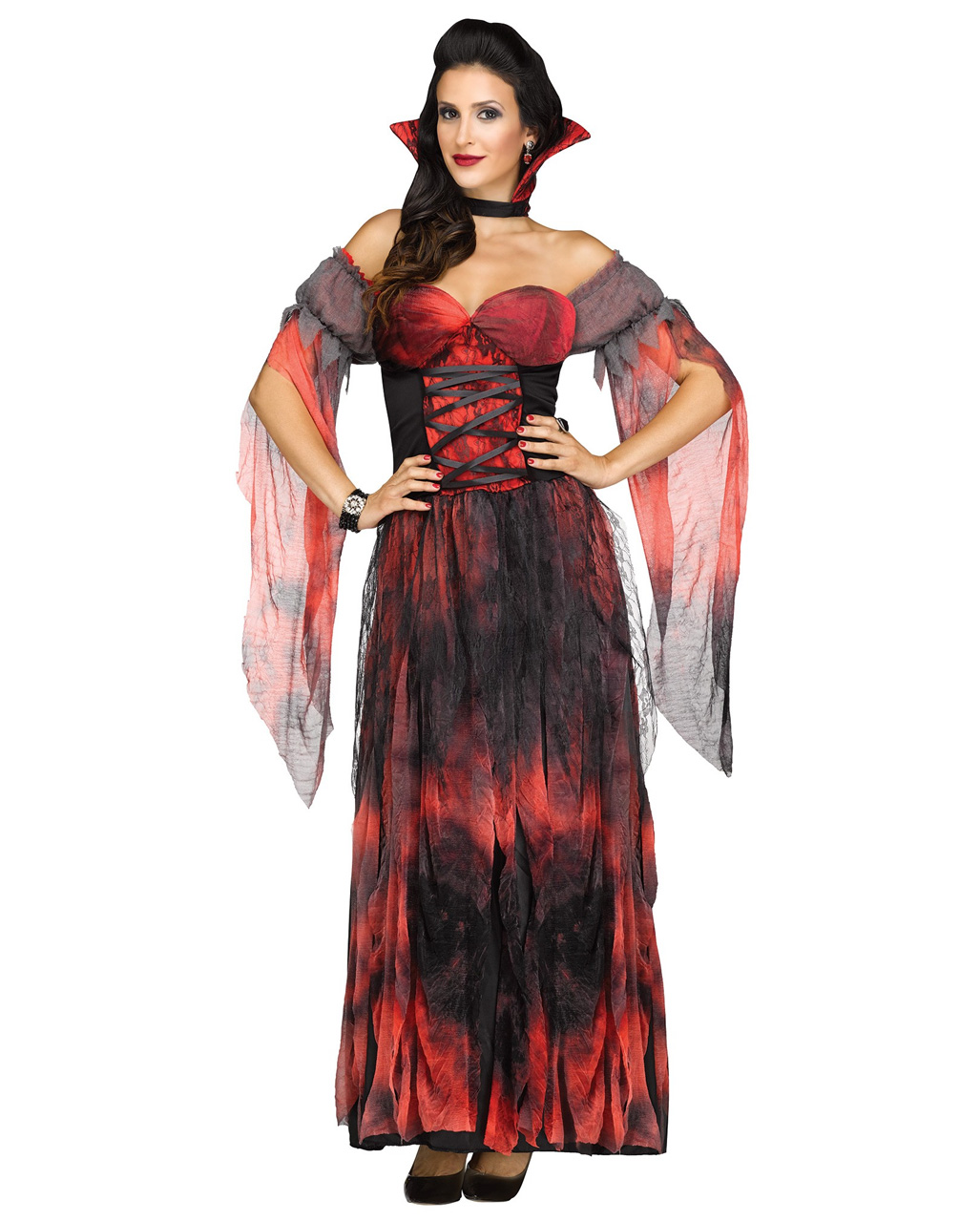 Vampirumhang mit Stehkragen Halloween Kostüm Damen rot-schwarz kurzes Vampir 