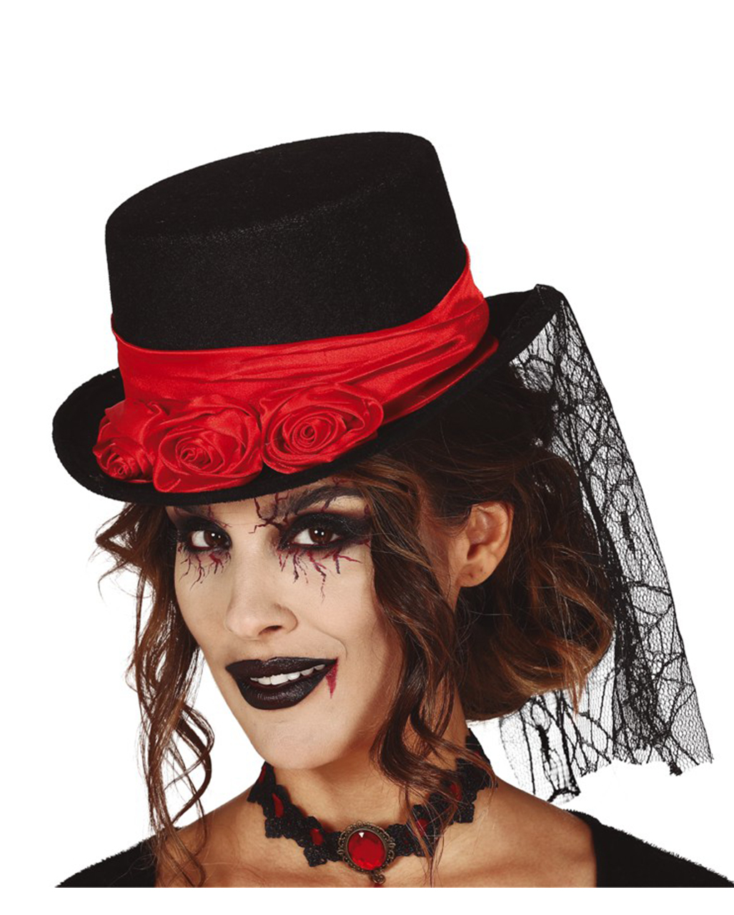 Mini Cocktail Victorian Black Red Top Hat w/ Veil Steampunk Gothic Widow Vampire 