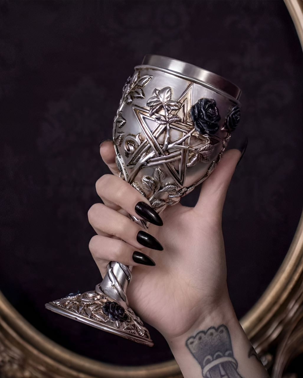 Gothic Goblet with Pentagram & Black Rose 19cm