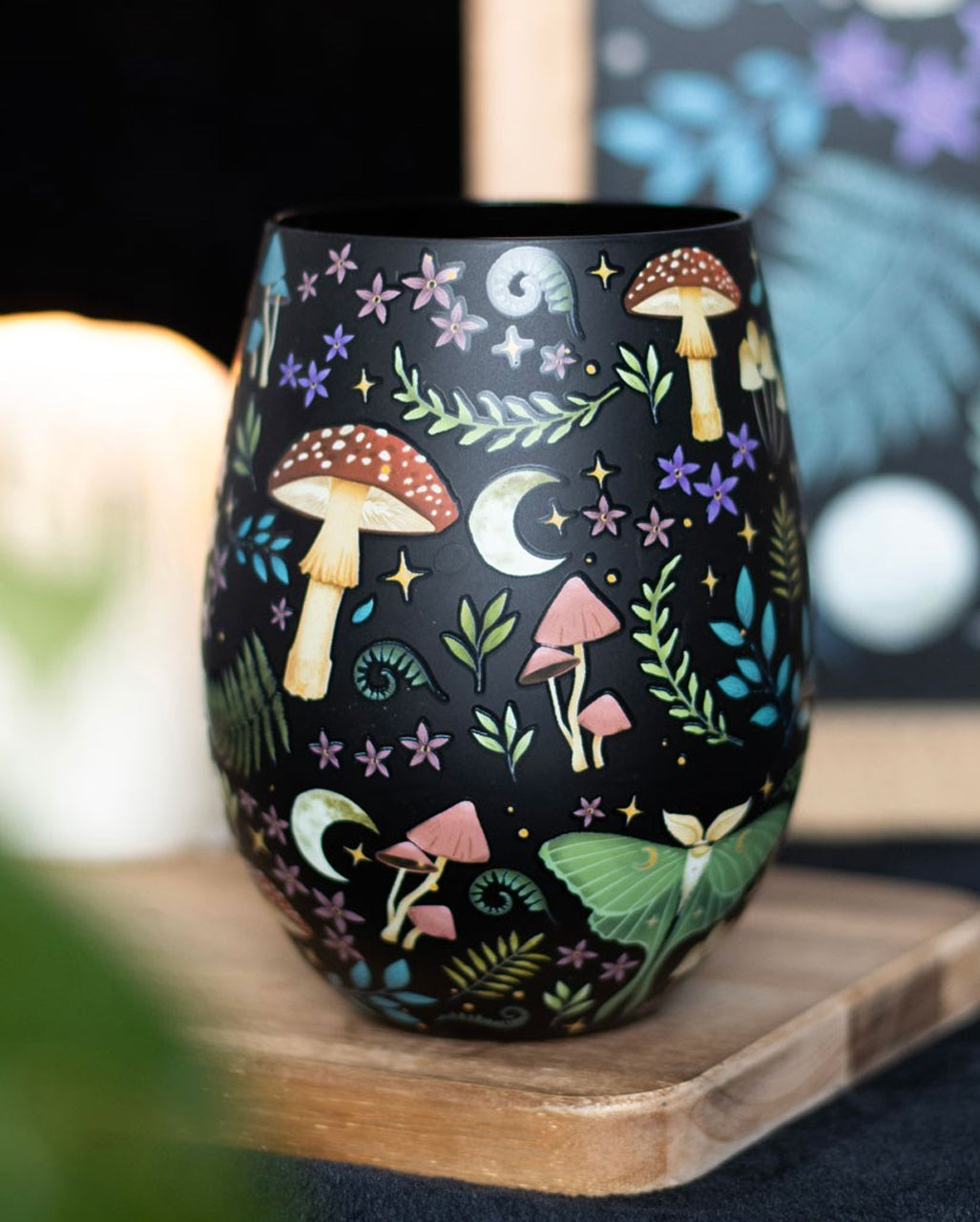Weinglas Ohne Stiel Mit Wald-Design - Magisches Deko-Glas, Luna-Motte Motiv