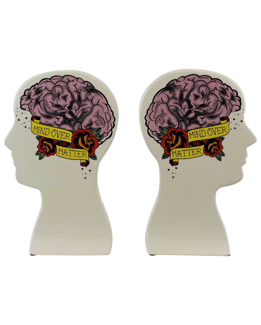 Phrenology Head Bookends with colorful illustrations